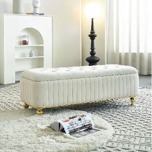 Kumasinova Glam Tufted Storage Ottoman Bench with Gold Accents, Upholstered Velvet Fabric Ottoman with Safety Hinge, Versatile Foot Stool, Beige - 1 of 4