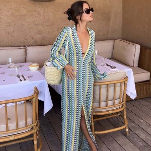 Womens Crochet Bell Long Sleeve V Neck Maxi Dress Boho Eyelet Long Sundresses Beach Cover Up with Slit
