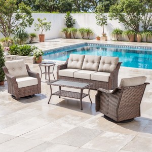 Belord 5PCS Brown Round Rattan Patio Furniture Set with 6" Thick Cushion, Outdoor Lounge Set with Swivel Chairs and Two-Tier Patio Coffee Table - 1 of 4