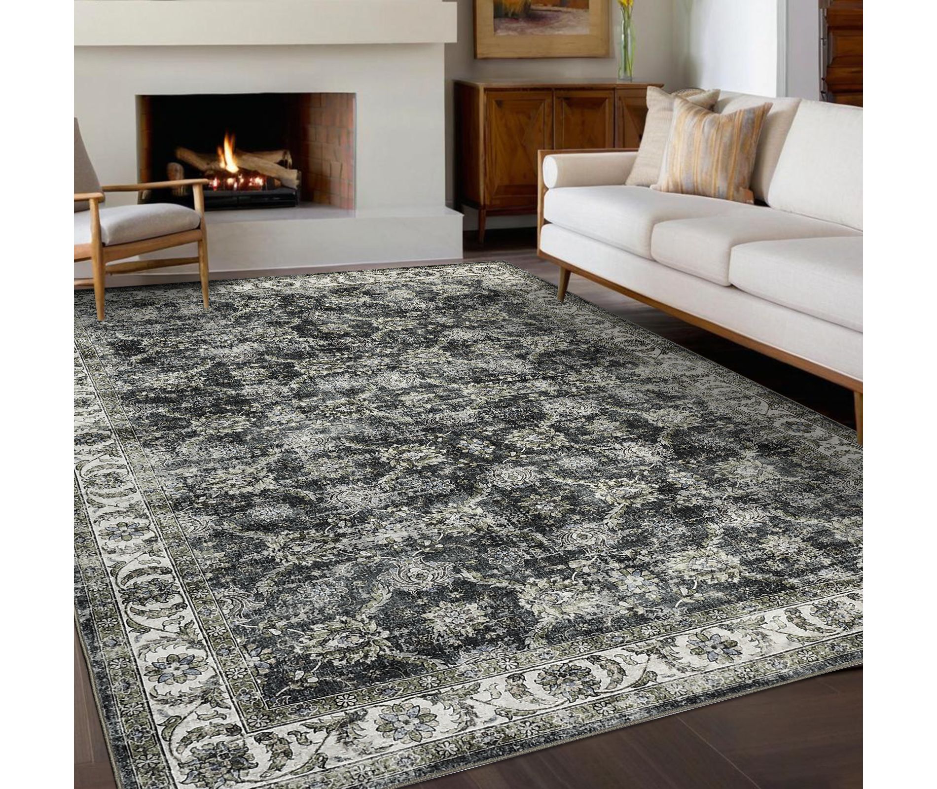 Washable Rug Living Room Rug Vintage Floral Rug Oriental Area Rug, Non Slip Low Pile Rug, 8'x10'
