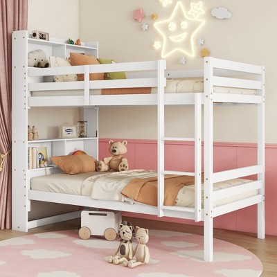 NicBex Twin over Twin Bunk Bed Convertible Wooden Bed Frame with Storage Headboard, Ladder and Full Length Guardrail, No Box Spring Required