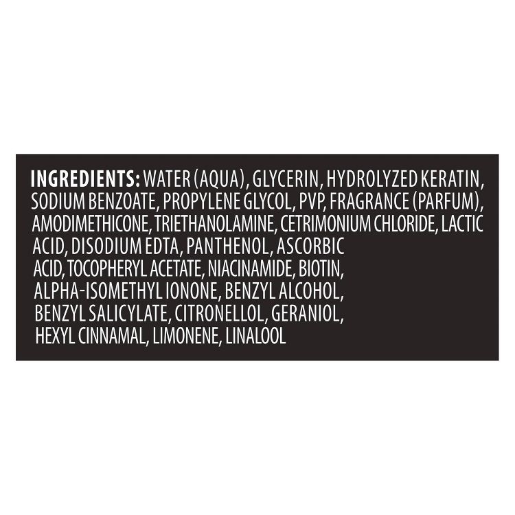 Ingredient list showing water, glycerin, hydrolyzed keratin, sodium benzoate, propylene glycol, PVP, fragrance, and other components.