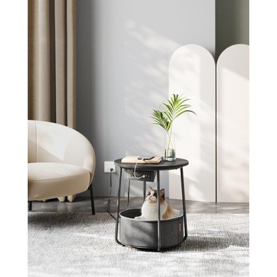 Ebony Black and Slate Gray Round Metal Side Table with Charging Station