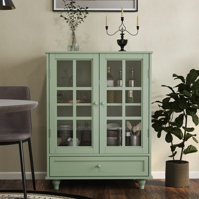 Lycvki Modern Wooden Buffet Cabinet with Double Glass Doors and Drawer