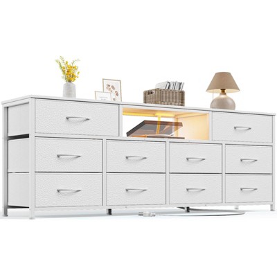 63” long bedroom dressing table suitable for 65 to 75 inch TV dressing table with 10 fabric drawers includes power outlet and LED lighting White