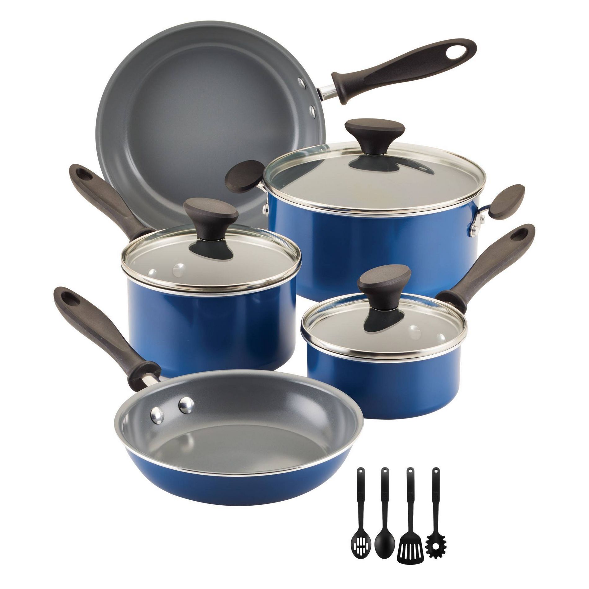 Farberware Reliance Pro 12pc Nonstick Ceramic Cookware Set Teal/Gray: Pot & Pan Set, Tempered Glass Lids, Dishwasher-Safe