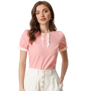 INSPIRE CHIC Women's Puff Sleeve Crew Neck Lace Trim Cotton Top - 1 of 4