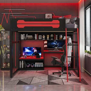 Polibi Full Size E-Sports Loft Bed with RGB Lighting, USB Charging & Pegboard Wall - 1 of 4