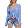 Drawstring Knitted Long Sleeve V Neck Blouse Women Adjustable Crochet Crop Tops - 3 of 4