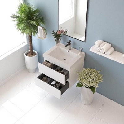 23.6" Wall-Mounted Bathroom Vanity with White Resin Sink, Floating Timber Cabinet, Soft-Close Hinges & Open Back for Easy Installation
