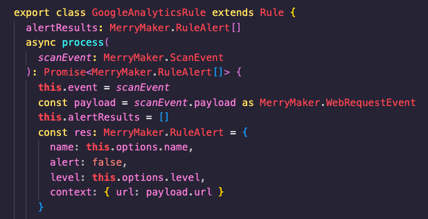 Screenshot of code commands including "export class: GoogleAnalyticsRule" with a scan event called "MerryMaker" being run