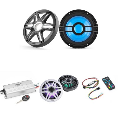 Clarion Marine 4 Channel Amp & Premium 7.7" w/ 10" Grey Grill Boat Audio Upgrade Bundle ( Includes LED Remote )