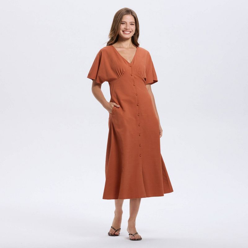 Women's Short Sleeve Button-Down Flared Midi A-Line Dress - A New Day™ Baked Clay XS