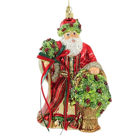Huras Floral Santa - 1 Glass Ornament 7.75 Inches - Ornament Poinsettia  Basket - S551 - Glass - Red
