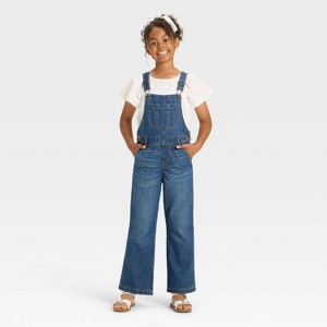 Girls' Wide Leg Baggy Denim Overalls - Cat & Jack™ Dark Wash - 1 of 3