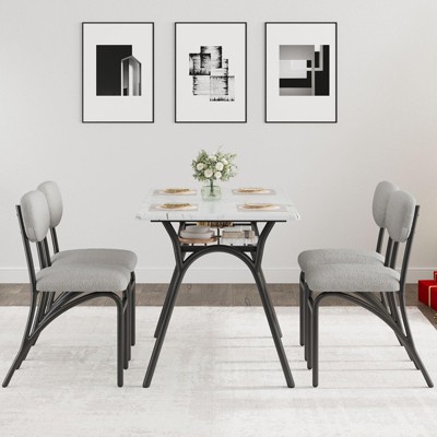 Modern Dining Table Chair Set for 4, Kitchen Table with Storage Rack and 4 Beige Boucle Chairs