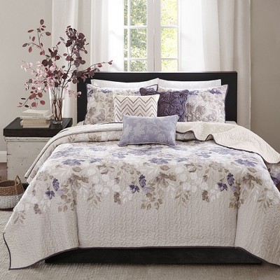 6 Pcs Elegant Watercolor Floral Print Reversible Quilt Set, All Season Bedding Sets, Cozy Home Textile for Lux Bedroom Decor