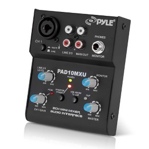 Pyle 2-Channel Audio Mixer - DJ Sound Controller Interface with USB Soundcard, XLR and 3.5mm Microphone Jack - 1 of 4