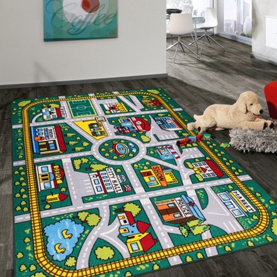 Green Synthetic Kids Educational City Life Road Area Rug 5' x 7'