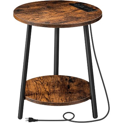 MaseiKar Round End Table with Charging Station, 2-Tier Small Circle Side Table, Round Accent Table for Living Room, Bedroom, Rustic Brown