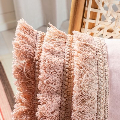 Grema Pink Cotton Fringe Lumbar Pillow 12" x 36"