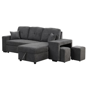 95" Velvet Convertible Sectional Sofas Bed, L-Shaped Pull-Out Corner Sofa-Bed with Storage Chaise (Left/Right), Side Shelf & 2 Stools for Living Room - 1 of 4