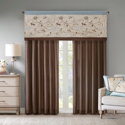 Blue Embroidered Light-Filtering Pleated Curtain Panel