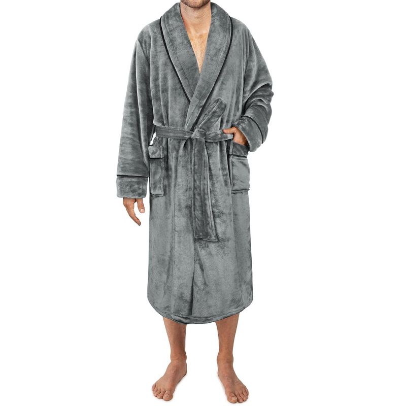 PAVILIA Mens Soft Robe, Plush Warm Bathrobe for Men, Long Spa Fleece Flannel with Shawl Collar, Pockets, Trim Piping, 1 of 8