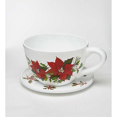 Plow & Hearth Indoor/Outdoor Poinsettia Teacup Planter with Saucer