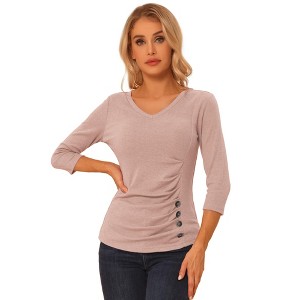 INSPIRE CHIC Women's V Neck 3/4 Sleeves Solid Knitted Buttons Decor Ruched Blouse - 1 of 4