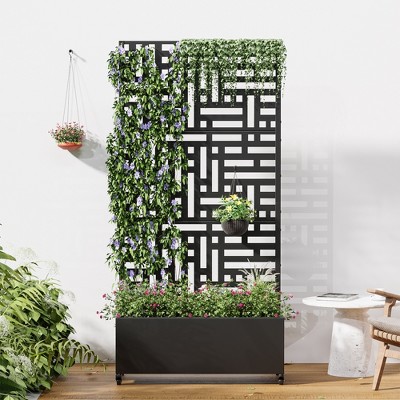 Wooakway 72"H Metal Planter Box with Trellis Raised Garden Bed with Arbor Privacy Screen with Wheels