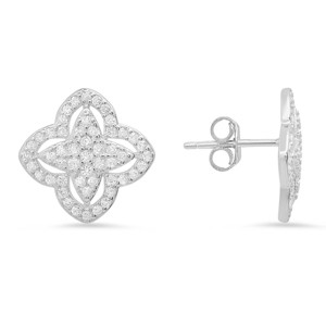 Sterling Silver Pave CZ Floral Stud Earrings - 1 of 2