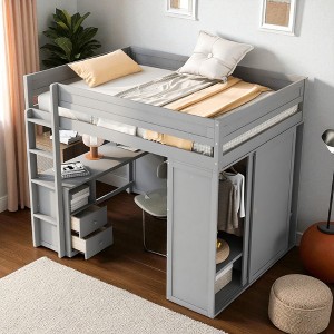 Full Size Loft Bed with Wardrobe, 2-Drawer Desk, Open Storage Cabinet, Pine Wood & MDF Frame - 1 of 4