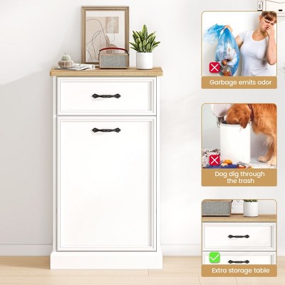 White Wood Tilt-Out Trash Can Cabinet with Storage