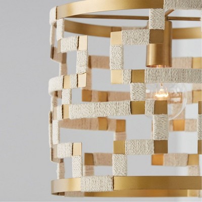 Bleached Natural Jute and Brass Drum Pendant Light