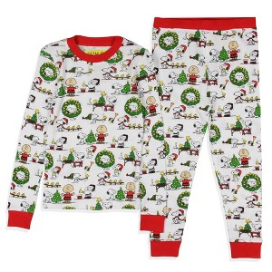 Peanuts Boys' Christmas Santa Snoopy Charlie Brown Characters Pajama Set White - 1 of 4
