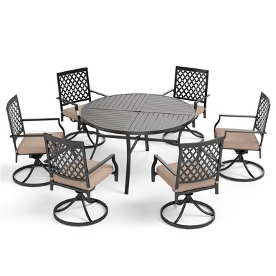 Captiva Designs 7pc Black Round Slatted Steel Table with Umbrella Hole& Metal Armrest Chairs