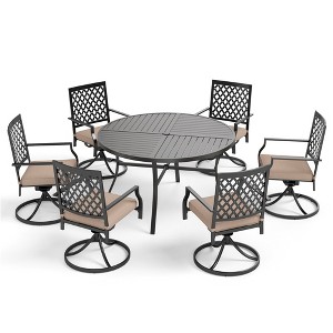 Captiva Designs 7pc Black Round Slatted Steel Table with Umbrella Hole& Metal Armrest Chairs - 1 of 4