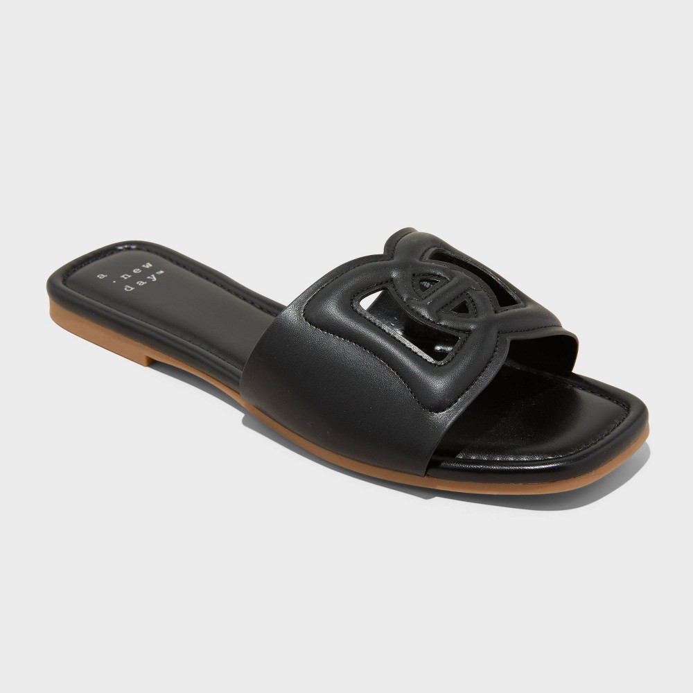 Women's Deidra Slide Sandals - A New Day™ Black 6:  white 6 , Memory Foam Insole, Open Toe, Block Heel