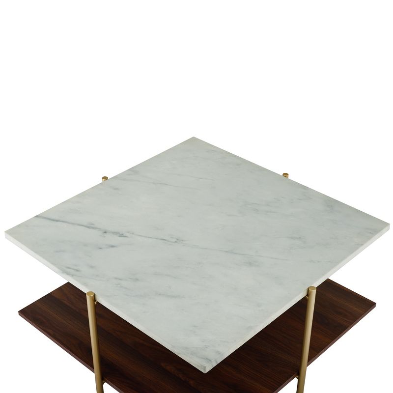 Mid Century Modern Glam Square Coffee Table Faux White Marble/Dark Walnut - Saracina Home, 5 of 8
