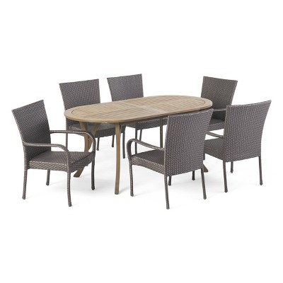 Jasper 7pc Acacia & Wicker Dining Set - Gray/Gray - Christopher Knight Home