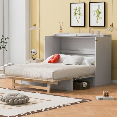 NicBex Full Size Murphy Bed 75.3" Wooden Frame Morden Hideaway Wall Bed with Top Shelf and Spacious Drawer for Apartment