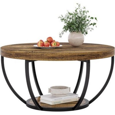 Syemin End Tables Round Coffee Table, Rustic Brown Wooden 2-Tier Circle Coffee Table with Storage Shelves for Living Room, Brown, 31.69"*31.69"*17.32"