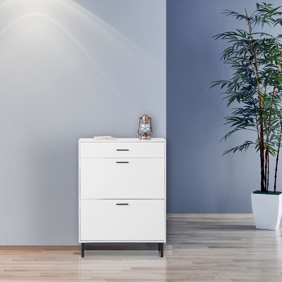 Munora - Freestanding Shoe Cabinet with 2 Flip Drawers & Metal Legs - Top Drawer for Entryway - White