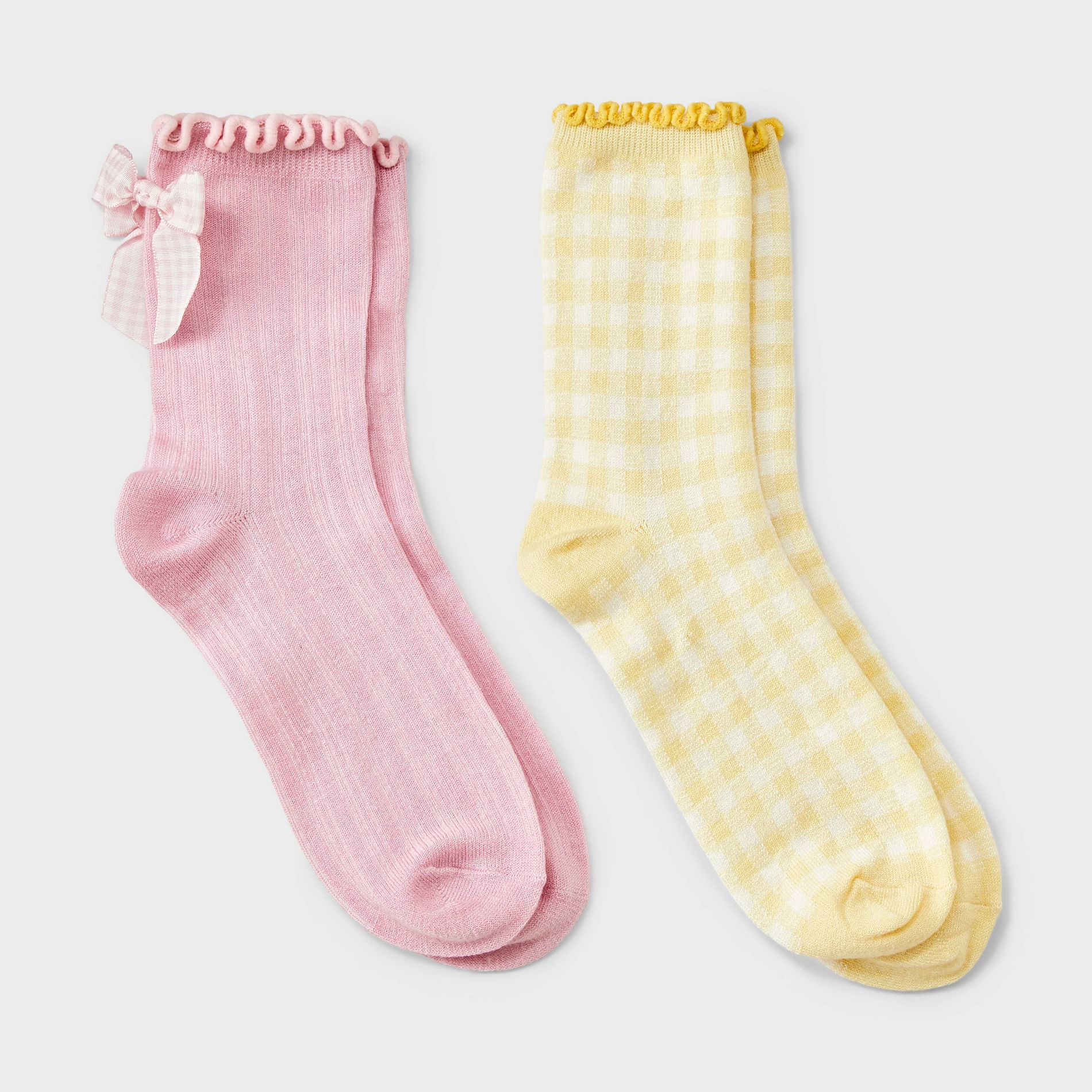 Women's 2pk Comfortwear Gingham Bow Demi Crew Socks - Auden™ - White/Pink