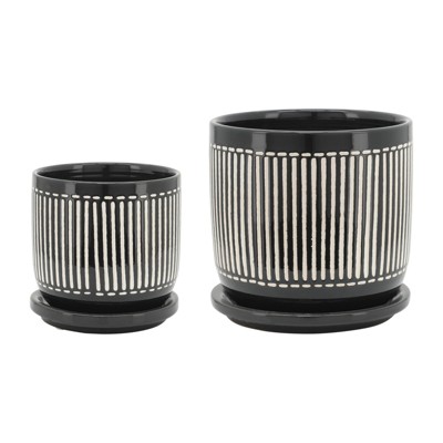 VisioGear 2PCS Vertical Lines Planter with Saucer, Plant Pots for Living Room, Bedroom, Gray, 6"*6"*5.75"