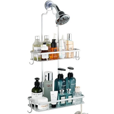 Cobbe Anti-Swing Shower Caddy Hanging with 4 Hooks for Towels/Sponge, No Drilling Bathroom Organizers and Storage Racks for Bathroom, Aluminum, Silver