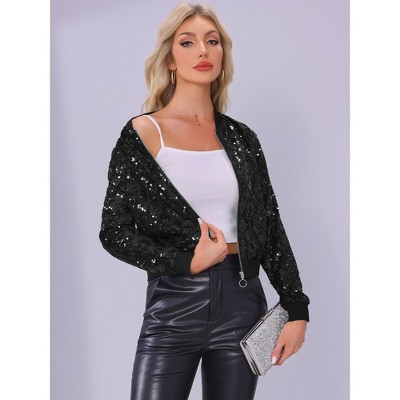 INSPIRE CHIC Women's Sequin Long Sleeve Zipper Up Glitter Bomber Jacket Large Black — фото 2