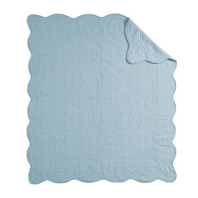 Oversized Blue Cotton Fill Quilted Throw with Scalloped Edges