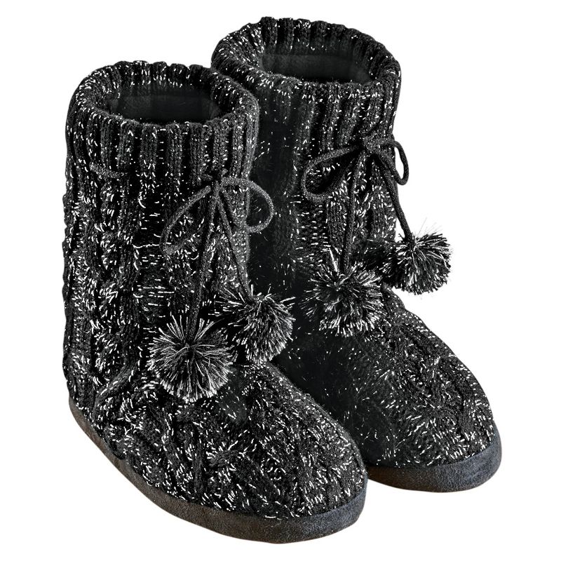 Collections Etc Lurex Cable Knit Slipper Boots with Fleece Lining, Fun Pom Poms, Extra Warm and Flexible, Mid-Calf, 2 of 4